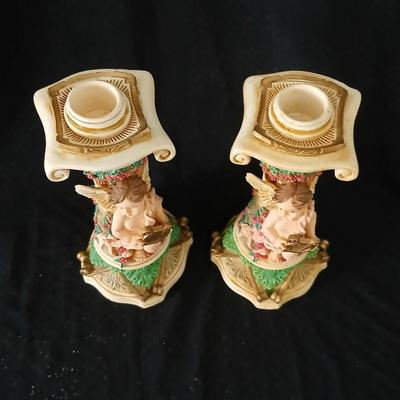 Matching Cherub angel candle sticks Victorian like, two Gregorian copper candles and two gold angel figures