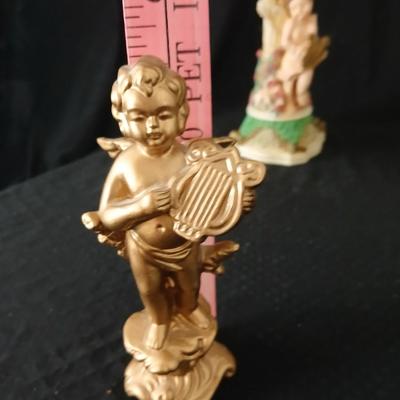 Matching Cherub angel candle sticks Victorian like, two Gregorian copper candles and two gold angel figures