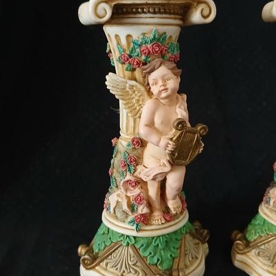 Matching Cherub angel candle sticks Victorian like, two Gregorian copper candles and two gold angel figures