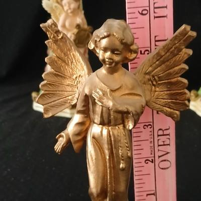 Matching Cherub angel candle sticks Victorian like, two Gregorian copper candles and two gold angel figures