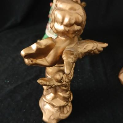 Matching Cherub angel candle sticks Victorian like, two Gregorian copper candles and two gold angel figures