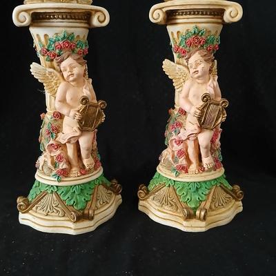 Matching Cherub angel candle sticks Victorian like, two Gregorian copper candles and two gold angel figures