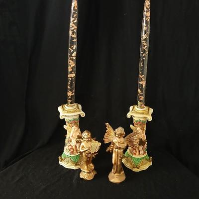 Matching Cherub angel candle sticks Victorian like, two Gregorian copper candles and two gold angel figures