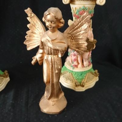 Matching Cherub angel candle sticks Victorian like, two Gregorian copper candles and two gold angel figures