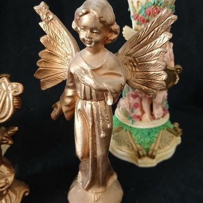Matching Cherub angel candle sticks Victorian like, two Gregorian copper candles and two gold angel figures
