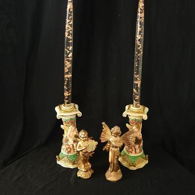 Matching Cherub angel candle sticks Victorian like, two Gregorian copper candles and two gold angel figures