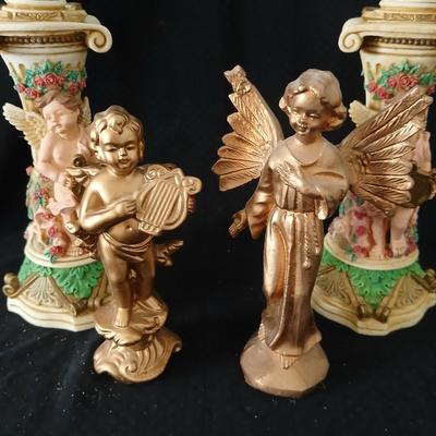 Matching Cherub angel candle sticks Victorian like, two Gregorian copper candles and two gold angel figures