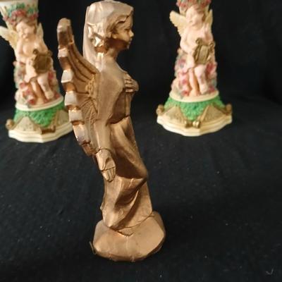 Matching Cherub angel candle sticks Victorian like, two Gregorian copper candles and two gold angel figures