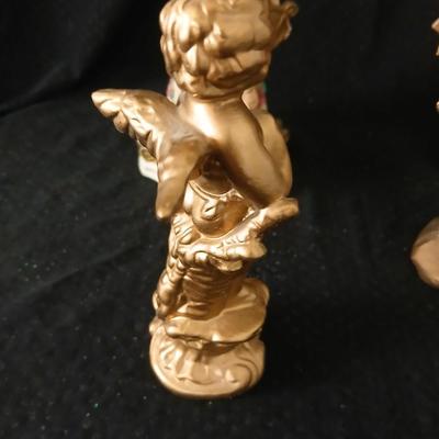 Matching Cherub angel candle sticks Victorian like, two Gregorian copper candles and two gold angel figures