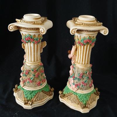 Matching Cherub angel candle sticks Victorian like, two Gregorian copper candles and two gold angel figures