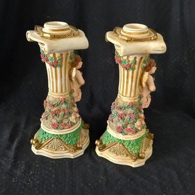 Matching Cherub angel candle sticks Victorian like, two Gregorian copper candles and two gold angel figures
