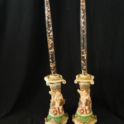 Matching Cherub angel candle sticks Victorian like, two Gregorian copper candles and two gold angel figures