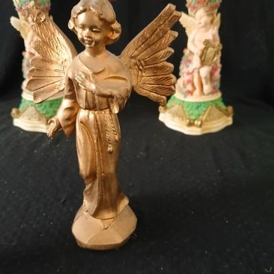 Matching Cherub angel candle sticks Victorian like, two Gregorian copper candles and two gold angel figures