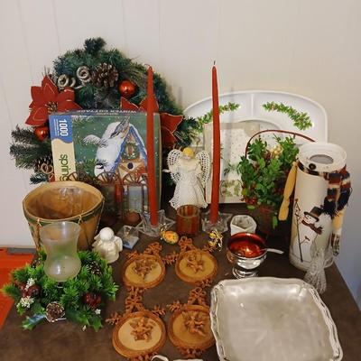Mostly vintage Christmas decor - ornaments - angels - centerpiece greenery - wreath - platters and more