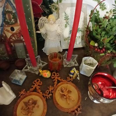 Mostly vintage Christmas decor - ornaments - angels - centerpiece greenery - wreath - platters and more