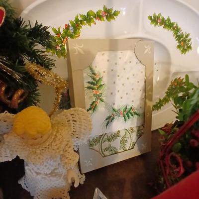 Mostly vintage Christmas decor - ornaments - angels - centerpiece greenery - wreath - platters and more