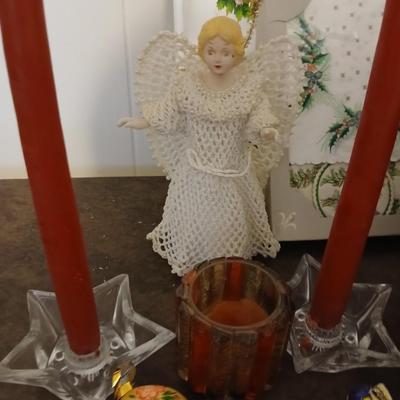 Mostly vintage Christmas decor - ornaments - angels - centerpiece greenery - wreath - platters and more