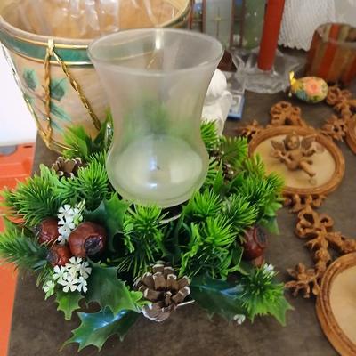 Mostly vintage Christmas decor - ornaments - angels - centerpiece greenery - wreath - platters and more