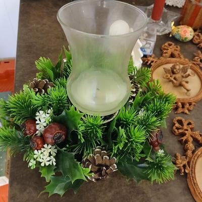 Mostly vintage Christmas decor - ornaments - angels - centerpiece greenery - wreath - platters and more