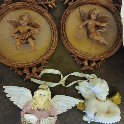 Mostly vintage Christmas decor - ornaments - angels - centerpiece greenery - wreath - platters and more