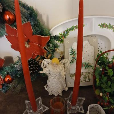 Mostly vintage Christmas decor - ornaments - angels - centerpiece greenery - wreath - platters and more
