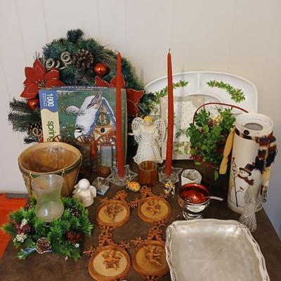 Mostly vintage Christmas decor - ornaments - angels - centerpiece greenery - wreath - platters and more