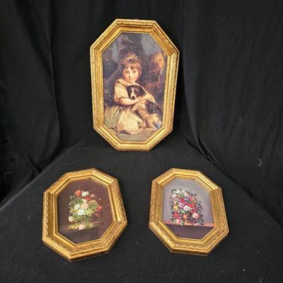 Gold framed Miss Jane Bowles, by the English artist Sir Joshua Reynolds and a pair of vintage Italian Florentine framed floral prints