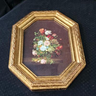 Gold framed Miss Jane Bowles, by the English artist Sir Joshua Reynolds and a pair of vintage Italian Florentine framed floral prints