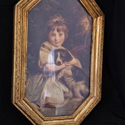 Gold framed Miss Jane Bowles, by the English artist Sir Joshua Reynolds and a pair of vintage Italian Florentine framed floral prints