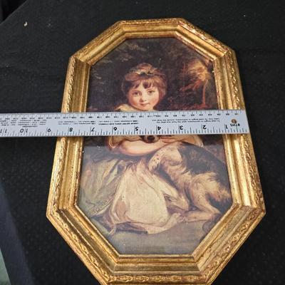 Gold framed Miss Jane Bowles, by the English artist Sir Joshua Reynolds and a pair of vintage Italian Florentine framed floral prints
