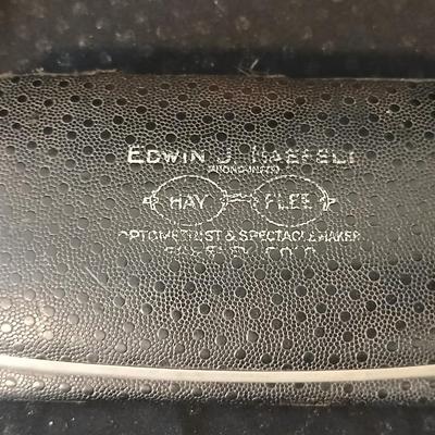 Barber tin with 12 K GF antiques glasses, Doan's pills tin, skeleton keys, Strong set shaving brush,