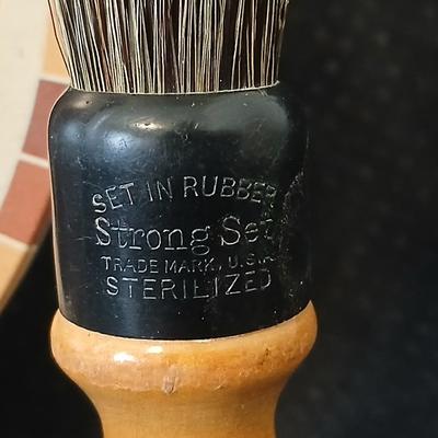 Barber tin with 12 K GF antiques glasses, Doan's pills tin, skeleton keys, Strong set shaving brush,