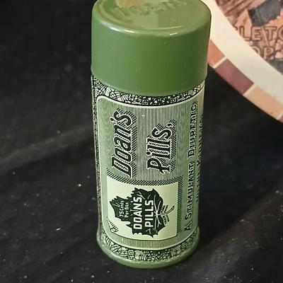 Barber tin with 12 K GF antiques glasses, Doan's pills tin, skeleton keys, Strong set shaving brush,