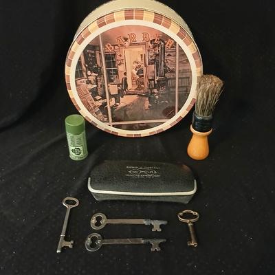 Barber tin with 12 K GF antiques glasses, Doan's pills tin, skeleton keys, Strong set shaving brush,