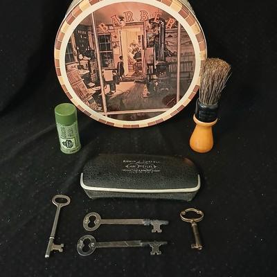 Barber tin with 12 K GF antiques glasses, Doan's pills tin, skeleton keys, Strong set shaving brush,