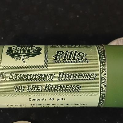 Barber tin with 12 K GF antiques glasses, Doan's pills tin, skeleton keys, Strong set shaving brush,