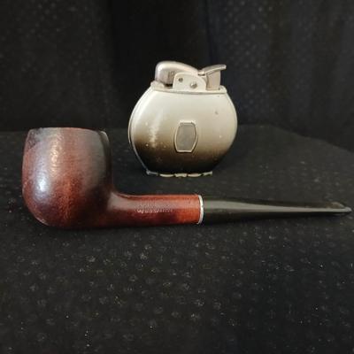 Vintage Berbriar Tobacco pipe, Evans lighter and a framed Harley bike print