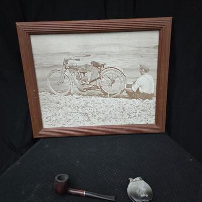Vintage Berbriar Tobacco pipe, Evans lighter and a framed Harley bike print
