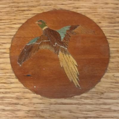 Wooden musical box with an inlay design of a flying pheasant - Sankyo Orpheus music box movement - Sherm Pehrson "Early Morning...