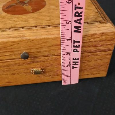 Wooden musical box with an inlay design of a flying pheasant - Sankyo Orpheus music box movement - Sherm Pehrson "Early Morning...