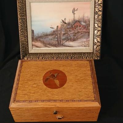 Wooden musical box with an inlay design of a flying pheasant - Sankyo Orpheus music box movement - Sherm Pehrson "Early Morning...