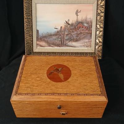 Wooden musical box with an inlay design of a flying pheasant - Sankyo Orpheus music box movement - Sherm Pehrson "Early Morning...
