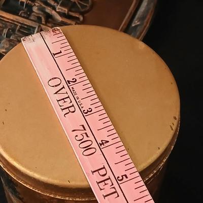 3D wall art plaque by Coppercraft Guild, titled "Traveler's Rest". with two vintage black and bronze / gold lacquer tins