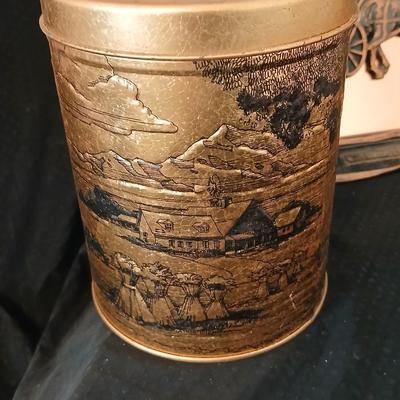 3D wall art plaque by Coppercraft Guild, titled "Traveler's Rest". with two vintage black and bronze / gold lacquer tins