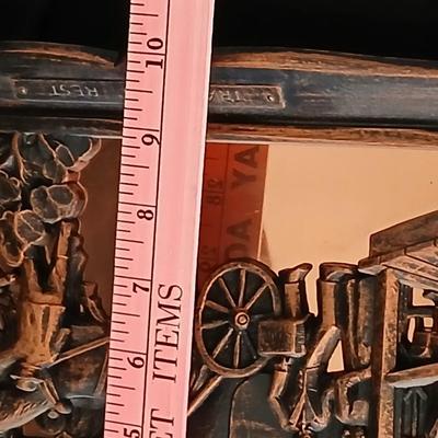 3D wall art plaque by Coppercraft Guild, titled "Traveler's Rest". with two vintage black and bronze / gold lacquer tins