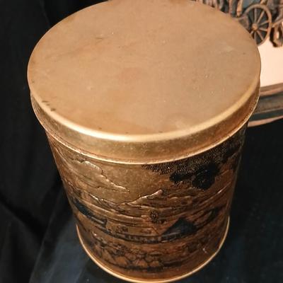 3D wall art plaque by Coppercraft Guild, titled "Traveler's Rest". with two vintage black and bronze / gold lacquer tins