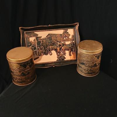 3D wall art plaque by Coppercraft Guild, titled "Traveler's Rest". with two vintage black and bronze / gold lacquer tins