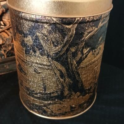 3D wall art plaque by Coppercraft Guild, titled "Traveler's Rest". with two vintage black and bronze / gold lacquer tins