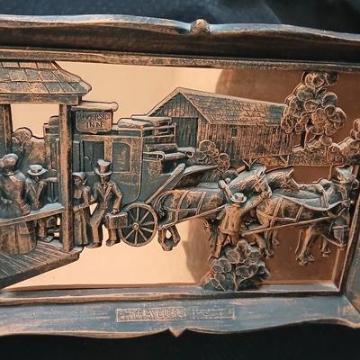 3D wall art plaque by Coppercraft Guild, titled "Traveler's Rest". with two vintage black and bronze / gold lacquer tins
