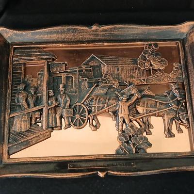 3D wall art plaque by Coppercraft Guild, titled "Traveler's Rest". with two vintage black and bronze / gold lacquer tins